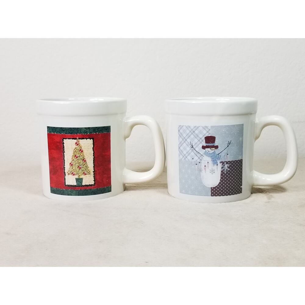 Christmas Tree Snowman Coffee Mug Teacup 12oz Drinkware Paper Images x2 Vintage